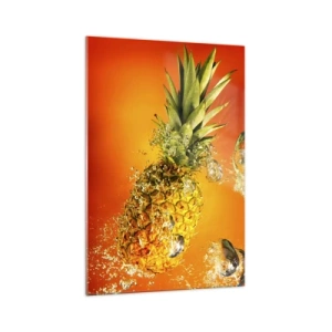 Impression sur verre - Image sur verre - Un ananas immergé dans l'eau sur un fond dégradé orange. - 70x100cm - Fraîcheur juteuse tropicale - Décoration murale moderne pour le salon et la chambre ARTTOR