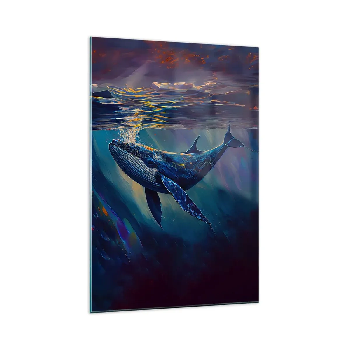 Impression sur verre - Image sur verre - Une baleine dans les profondeurs de l'océan aux couleurs lumineuses - 70x100cm - Bienvenue dans mon monde - Décoration murale moderne pour le salon et la chambre ARTTOR