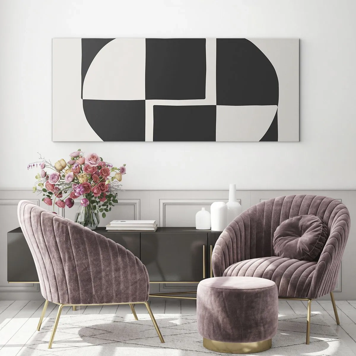 Impression sur verre - Image sur verre - Formes géométriques abstraites en noir et blanc - 160x50cm - Antithèse - Synthèse - Décoration murale moderne pour le salon et la chambre ARTTOR