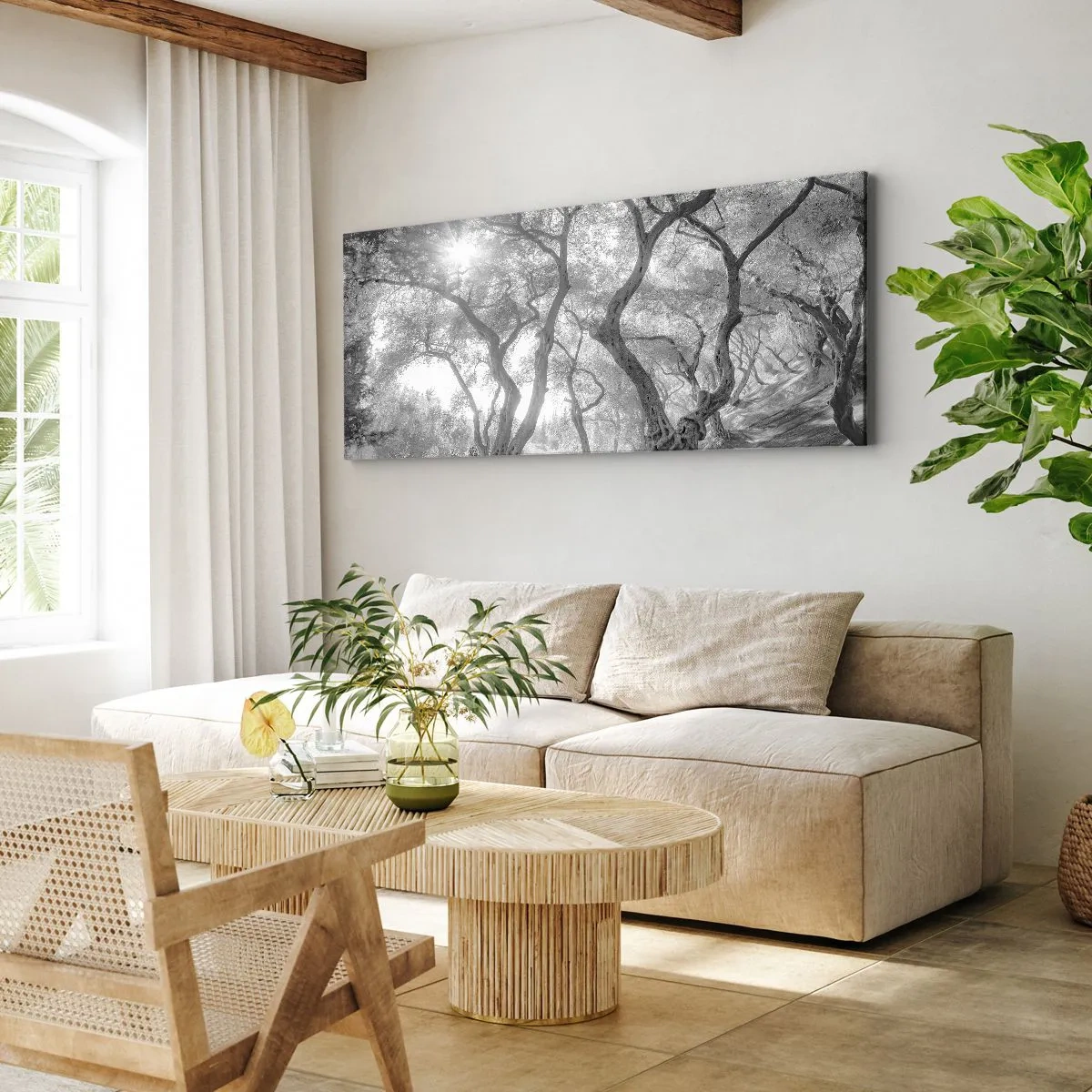 Impression sur toile - Image sur toile - Vue en noir et blanc d'arbres dans une oliveraie avec des rayons de soleil - 140x50cm - Dans l'oliveraie - Décoration murale moderne pour le salon et la chambre ARTTOR