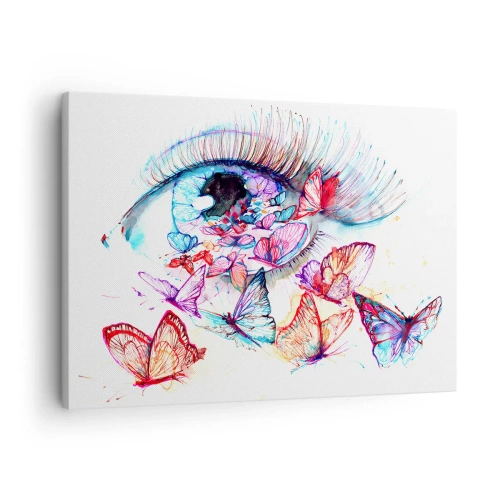 Impression sur toile - Image sur toile - Un œil aquarelle entouré de papillons colorés - 70x50cm - Charme des yeux de conte de fées - Décoration murale moderne pour le salon et la chambre ARTTOR