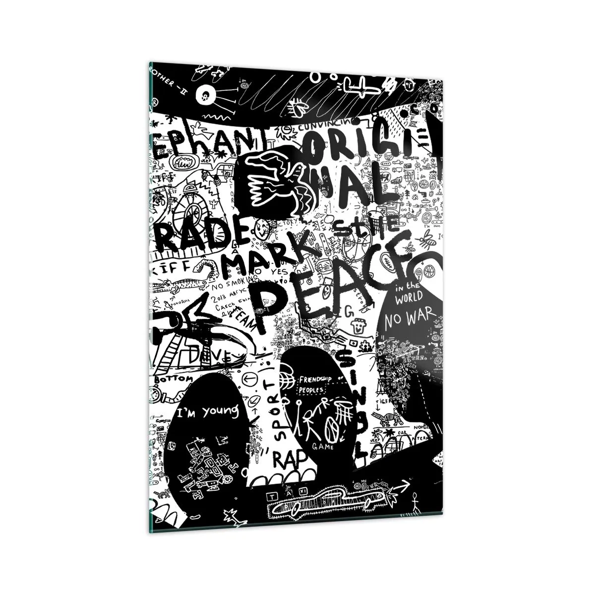 Impression sur verre - Image sur verre - Image de graffiti en noir et blanc avec des thèmes de paix et de liberté - 50x70cm - La richesse des rues - Décoration murale moderne pour le salon et la chambre ARTTOR