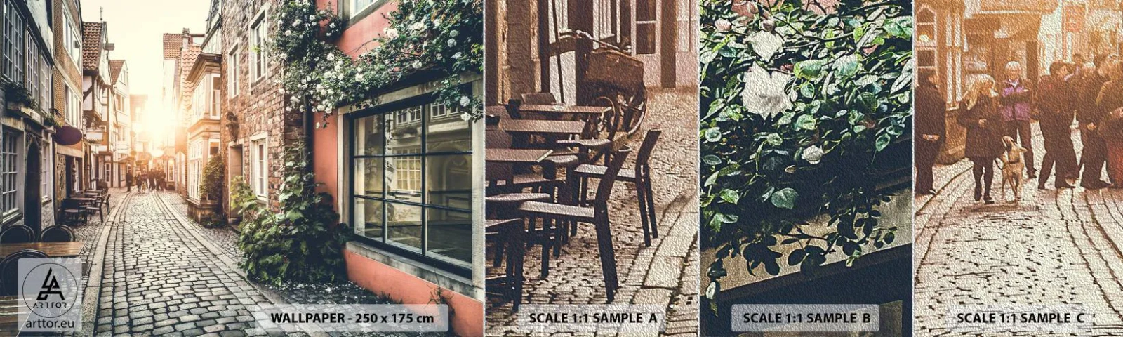 Échantillon de Papier Peint Premium Sand - Allée de roses en lueur rose - Ville, Pays-Bas, Architecture - 100x30 cm