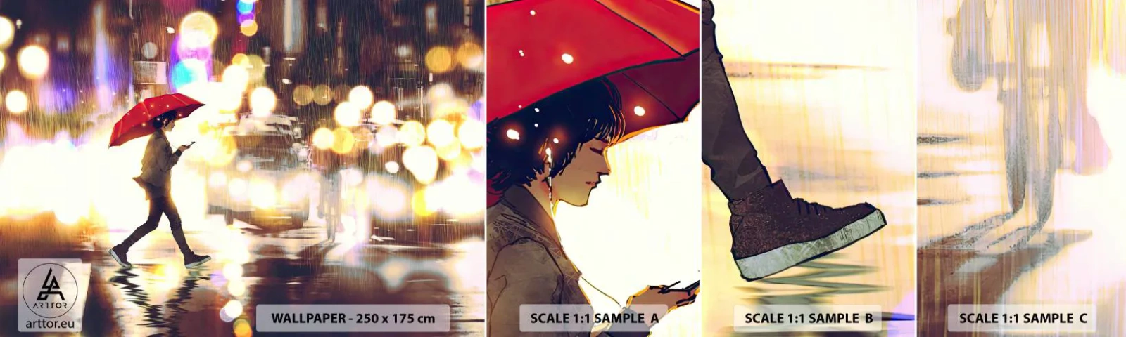 Échantillon de Papier Peint Autocollant Deluxe Sticker - Et pourtant ensoleillé - Ville, Marcher sous la pluie, Parapluie - 100x30 cm