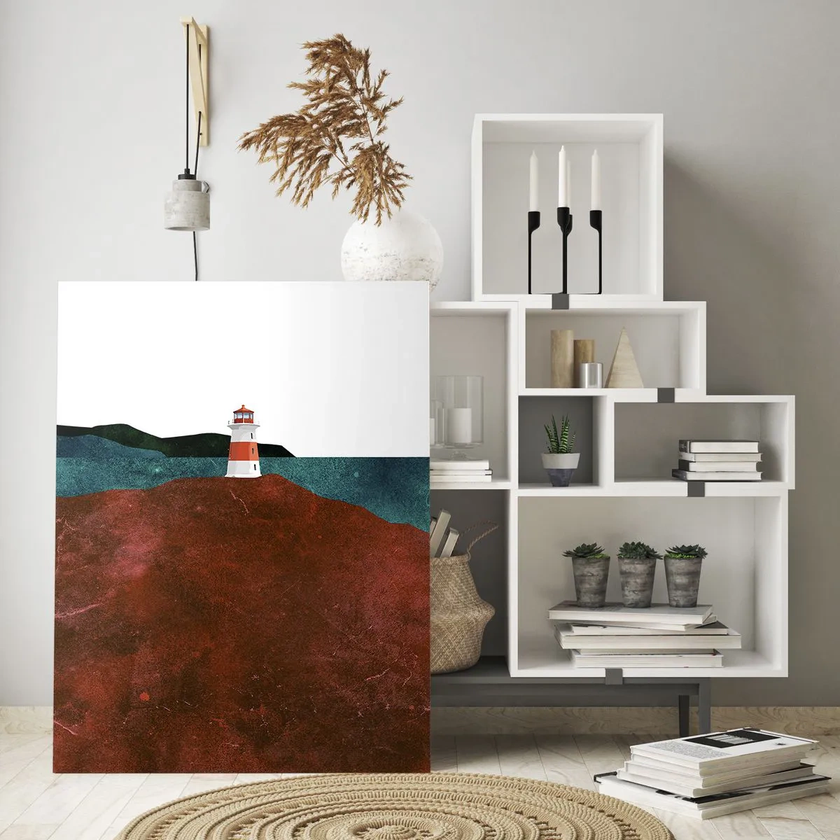 Impression sur verre - Image sur verre - Un phare avec en toile de fond les montagnes et la mer - 70x100cm - En regardant la mer - Décoration murale moderne pour le salon et la chambre ARTTOR