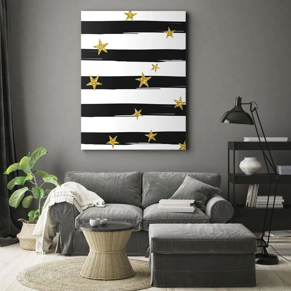 Impression sur toile - Image sur toile - Rayures noires et blanches avec étoiles dorées - 70x100cm - Nous sommes tous nés sous une bonne étoile - Décoration murale moderne pour le salon et la chambre ARTTOR