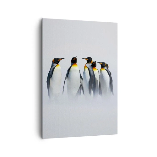 Impression sur toile - Image sur toile - Un groupe de manchots empereurs dans le brouillard hivernal - 50x70cm - Rencontre en robes de soirée - Décoration murale moderne pour le salon et la chambre ARTTOR