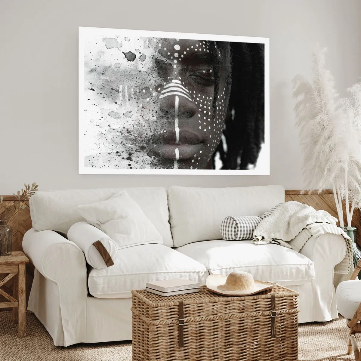 Affiche - Poster - Portrait de visage artistique avec des motifs blancs abstraits - 100x70cm - Découvrez l'esprit primal - Décoration murale moderne pour le salon et la chambre ARTTOR