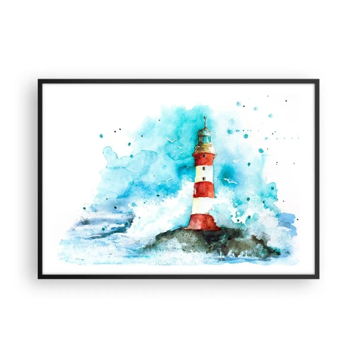 Affiche dans un cadre noir - Poster - Un phare dans un décor aquarelle sur fond bleu - 100x70cm - Unité des éléments - Décoration murale moderne pour le salon et la chambre ARTTOR