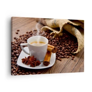 Impression sur toile - Image sur toile - Une tasse de café à la cannelle et à l'anis sur un fond de grains de café - 70x50cm - Saveur et arôme épicés - Décoration murale moderne pour le salon et la chambre ARTTOR