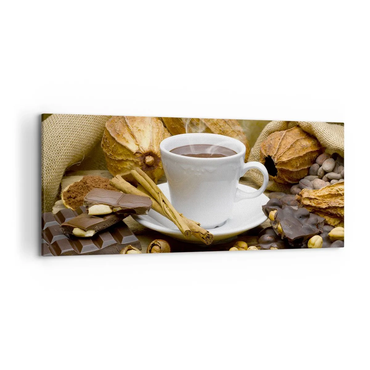 Impression sur toile - Image sur toile - Une tasse de chocolat chaud entourée de cacao et de cannelle - 120x50cm - Pour les amateurs de sensations fortes - Décoration murale moderne pour le salon et la chambre ARTTOR