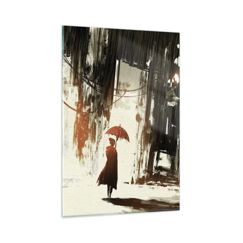 Impression sur verre - Image sur verre - Une figure rouge avec un parapluie dans une scène pluvieuse - 80x120cm - La poésie du parapluie rouge - Décoration murale moderne pour le salon et la chambre ARTTOR
