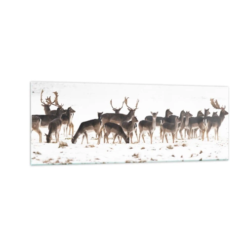 Impression sur verre - Image sur verre - Un troupeau de cerfs sur fond de neige - 140x50cm - Les fêtes approchent ? - Décoration murale moderne pour le salon et la chambre ARTTOR