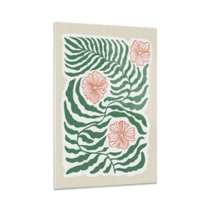 Impression sur verre - Image sur verre - Un motif minimaliste de feuilles vertes avec des fleurs dans des tons orange. - 70x100cm - Fleurit en vert - Décoration murale moderne pour le salon et la chambre ARTTOR