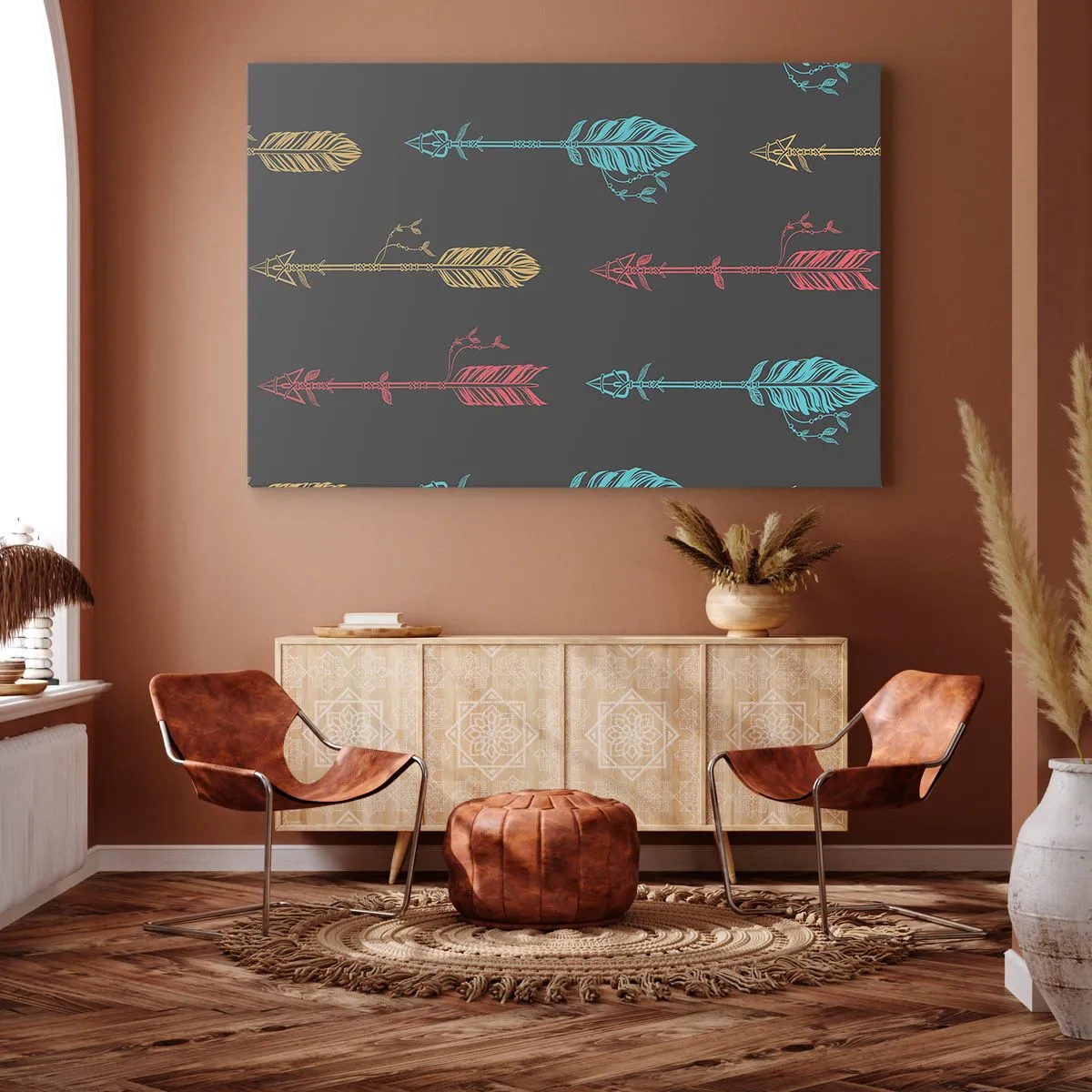Impression sur toile - Image sur toile - Motif de flèche stylisée aux couleurs pastel sur fond sombre - 70x50cm - Dans l'ordonnance - Décoration murale moderne pour le salon et la chambre ARTTOR