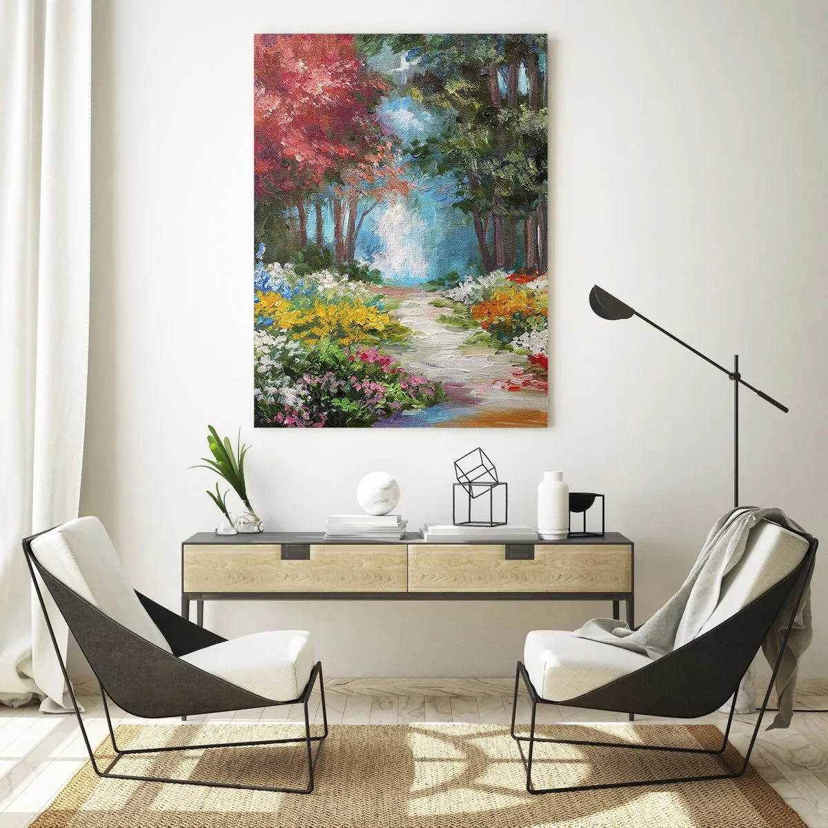 Impression sur verre - Image sur verre - Un jardin pittoresque rempli de fleurs et d'arbres colorés dans un cadre forestier - 70x100cm - Jardin forestier, forêt de fleurs - Décoration murale moderne pour le salon et la chambre ARTTOR