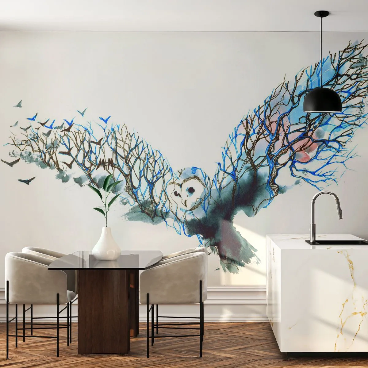 Papier Peint Autocollant Deluxe Sticker - Sur les ailes de la forêt - Abstraction, Hibou, Oiseau - 250x175 cm