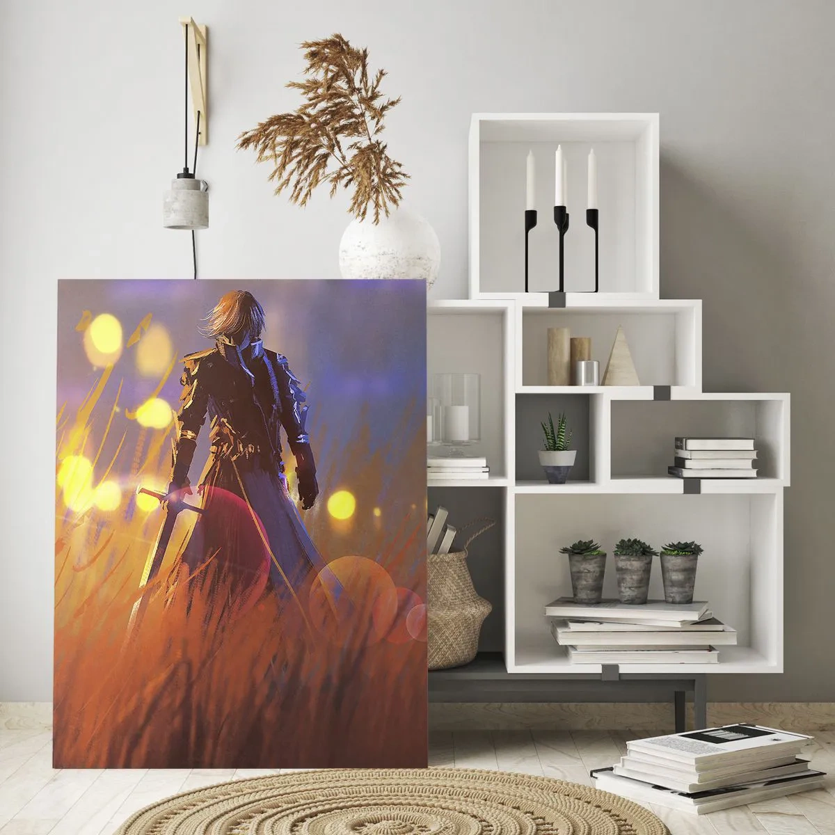 Impression sur verre - Image sur verre - Une silhouette en armure parmi l'herbe orange avec un fond lumineux. - 50x70cm - Chevalier errant - Décoration murale moderne pour le salon et la chambre ARTTOR