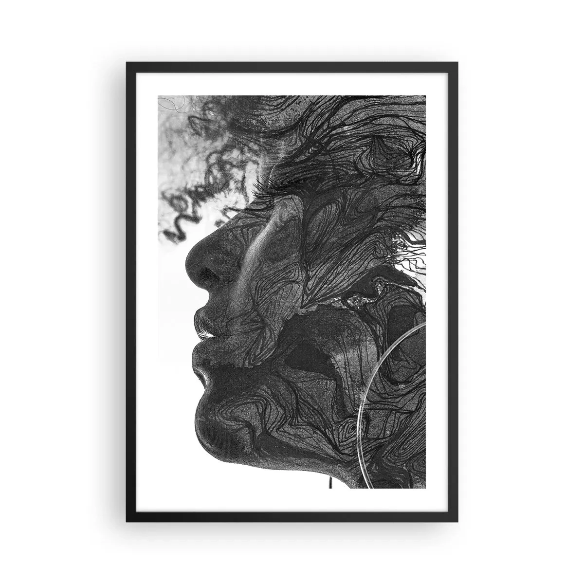 Affiche dans un cadre noir - Poster - Profil du visage d'une femme avec des motifs et des détails abstraits - 50x70cm - Emmêlé dans les rêves - Décoration murale moderne pour le salon et la chambre ARTTOR