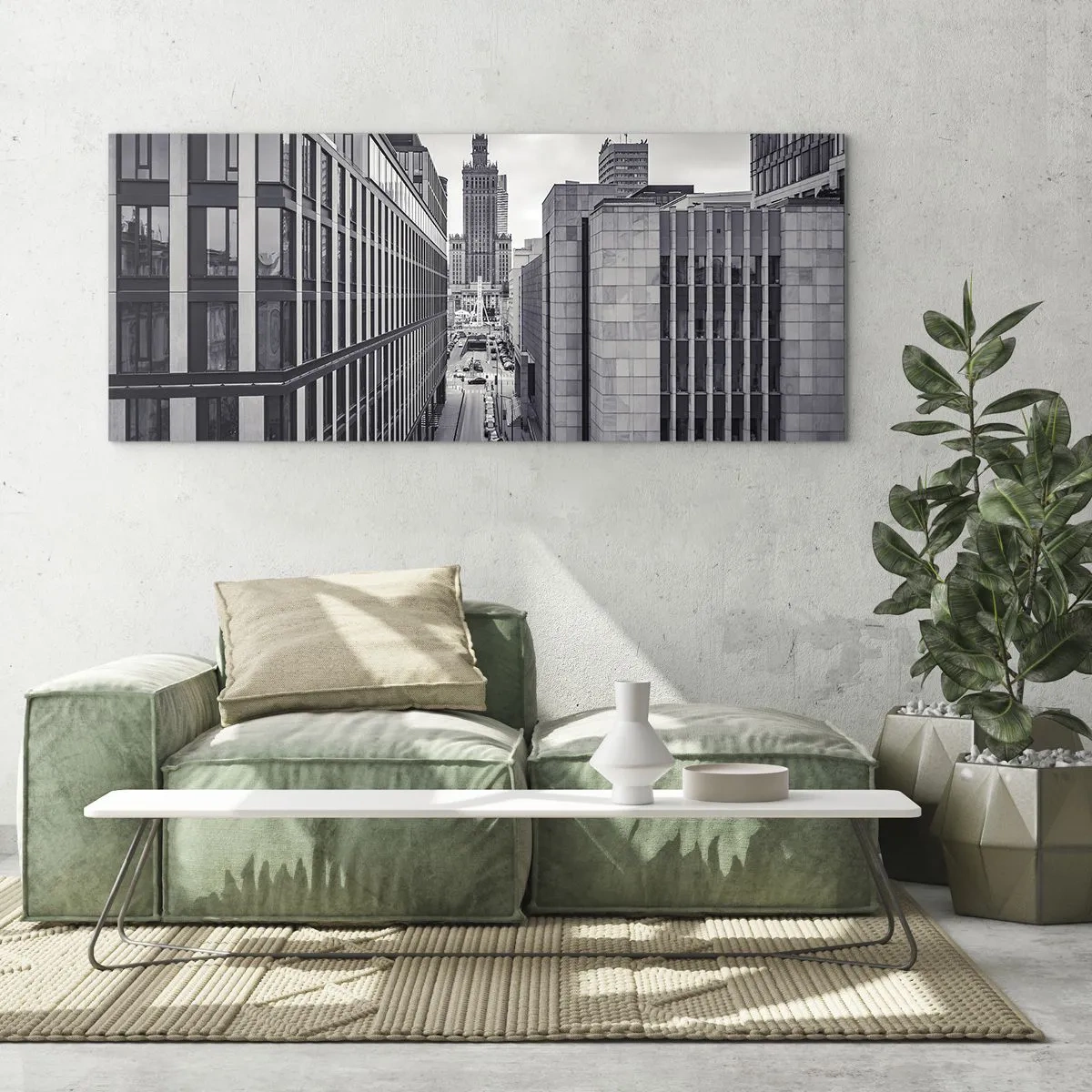 Impression sur verre - Image sur verre - Panorama de Varsovie avec vue sur le Palais de la Culture et les bâtiments environnants - 140x50cm - Vallée de Varsovie - Décoration murale moderne pour le salon et la chambre ARTTOR