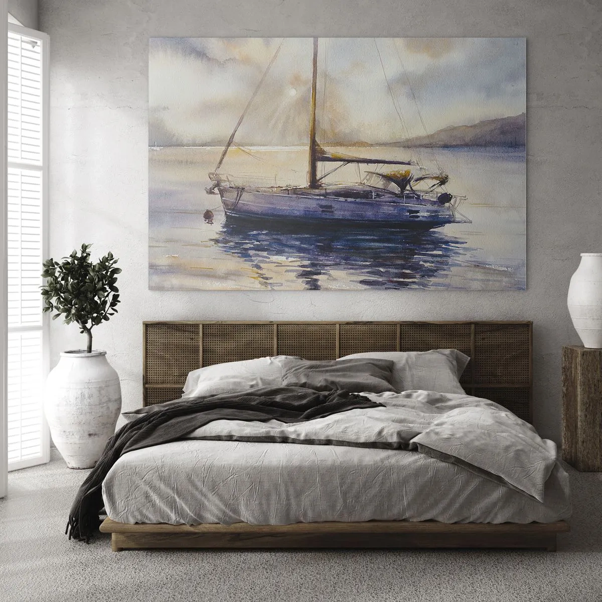 Impression sur verre - Image sur verre - Un yacht amarré dans une baie tranquille au crépuscule - 70x50cm - Soirée sur la baie - Décoration murale moderne pour le salon et la chambre ARTTOR