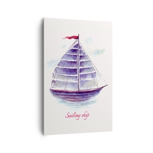 Impression sur toile - Image sur toile - Une aquarelle représentant un voilier sur l'eau avec une inscription délicate - 80x120cm - Plein de voiles et d’eau calme - Décoration murale moderne pour le salon et la chambre ARTTOR