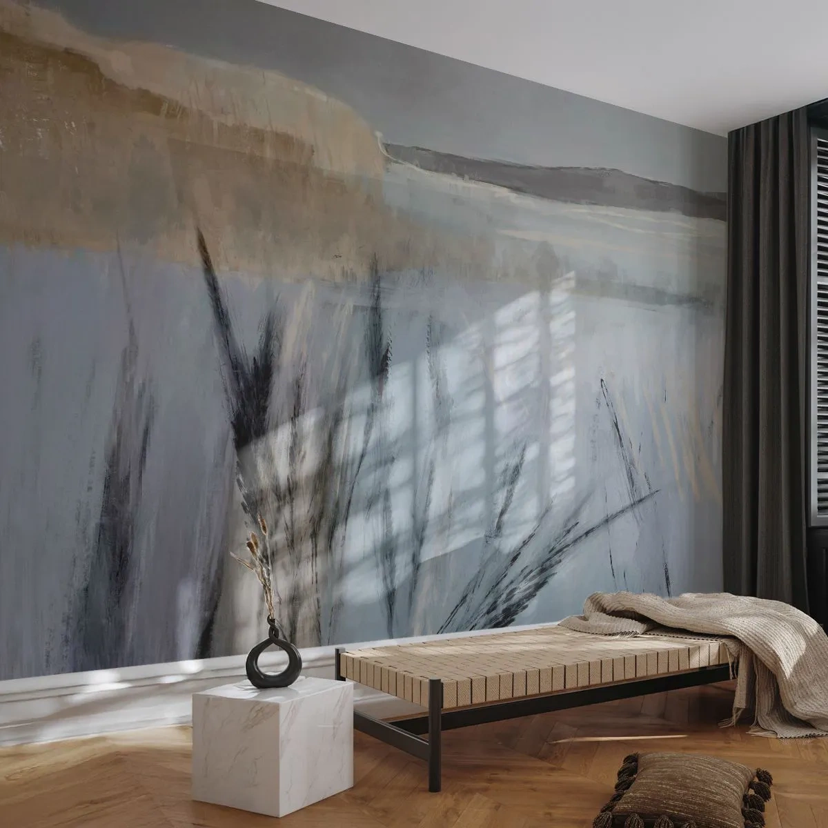 Papier Peint Photo Premium Sand - Champs d'herbe d'hiver pittoresques contre un ciel pastel - 100x70cm - Champs d'hiver - Décoration murale moderne pour le salon et la chambre ARTTOR