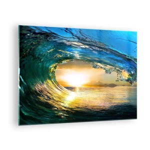 Impression sur verre - Image sur verre - Une vague de l'océan capturée dans la lumière du soleil couchant - 70x50cm - Dans un éclat émeraude-or - Décoration murale moderne pour le salon et la chambre ARTTOR