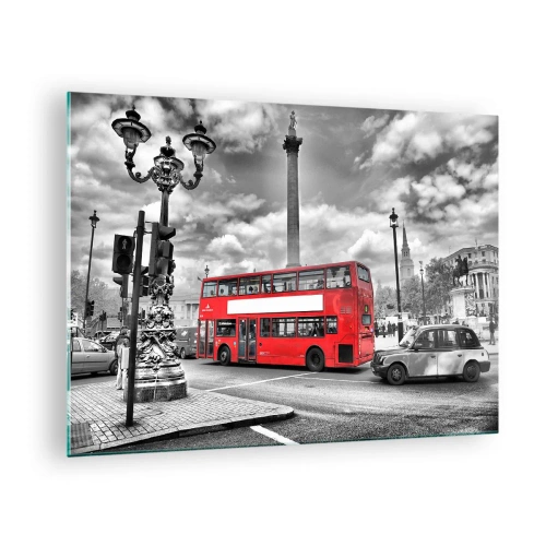Impression sur verre - Image sur verre - Un bus rouge sur un paysage urbain en noir et blanc - 70x50cm - La vraie circulation sanguine de la ville - Décoration murale moderne pour le salon et la chambre ARTTOR