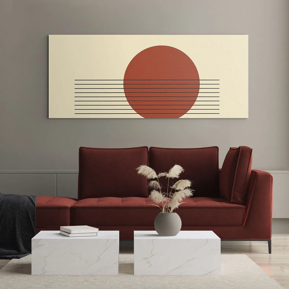 Impression sur verre - Image sur verre - Cercle rouge abstrait avec des lignes sur fond beige. - 120x50cm - Aux alentours et plus loin - Décoration murale moderne pour le salon et la chambre ARTTOR