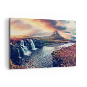 Impression sur toile - Image sur toile - Vue de la cascade et de la montagne à la lumière du soleil couchant - 120x80cm - Dans la majesté de la nature - Décoration murale moderne pour le salon et la chambre ARTTOR