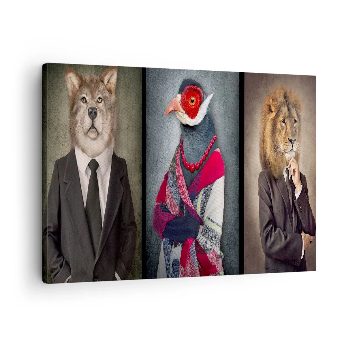 Impression sur toile - Image sur toile - Portraits stylisés d'un loup, d'un faisan et d'un lion en vêtements élégants - 70x50cm - Qu'est ce que je fais ici?! - Décoration murale moderne pour le salon et la chambre ARTTOR