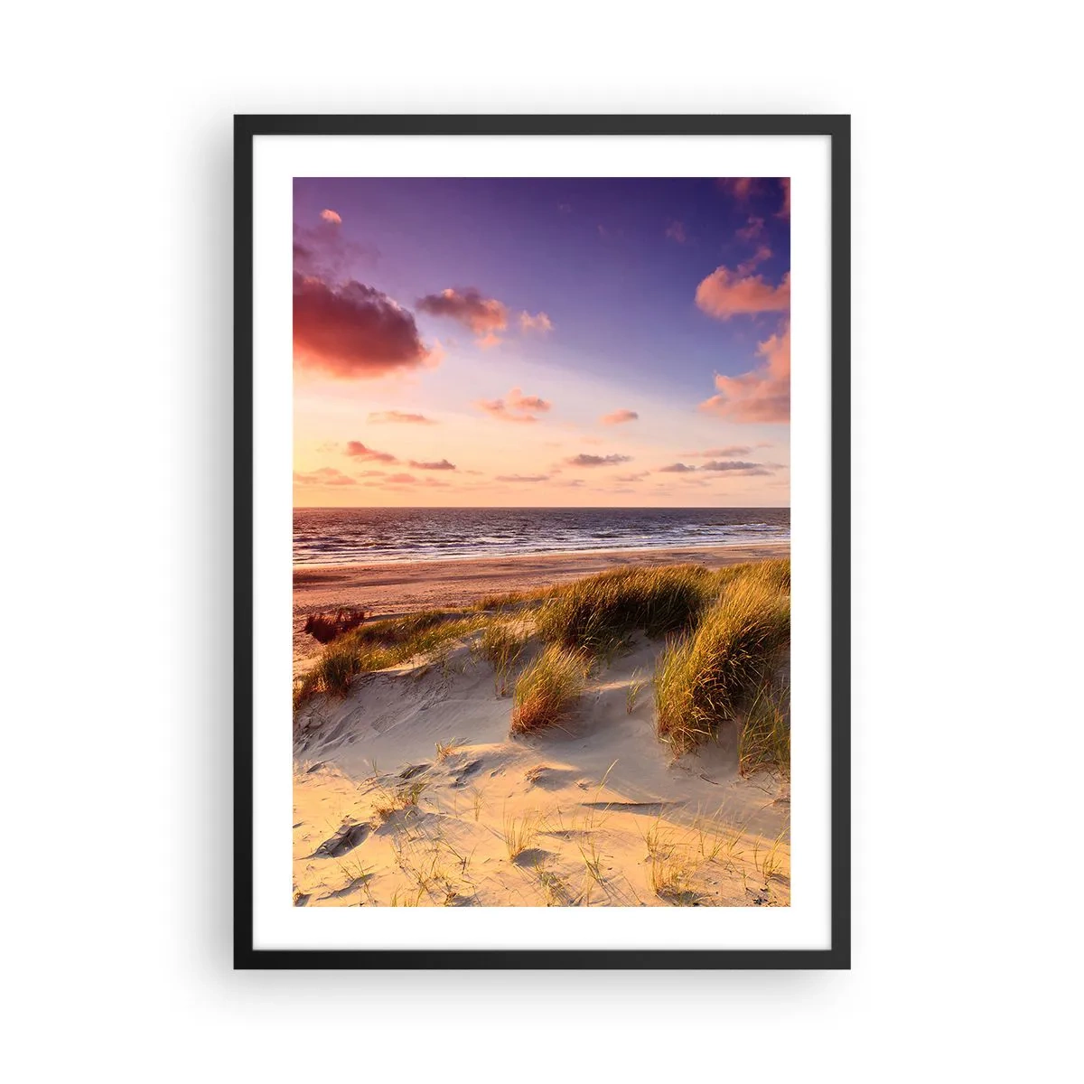 Affiche dans un cadre noir - Poster - Plage avec dunes et soleil couchant - 50x70cm - L'air sent déjà l'été - Décoration murale moderne pour le salon et la chambre ARTTOR