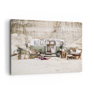 Impression sur toile - Image sur toile - Un camping-car rétro au design bohème sur fond de paysage rocheux. - 100x70cm - Il est temps de commencer le voyage - Décoration murale moderne pour le salon et la chambre ARTTOR