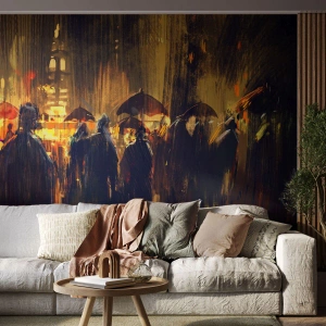 Papier Peint Photo Premium Sand - Une scène de ville sombre et pluvieuse avec des personnages sous des parapluies. - 100x70cm - Adeptes de la pluie - Décoration murale moderne pour le salon et la chambre ARTTOR