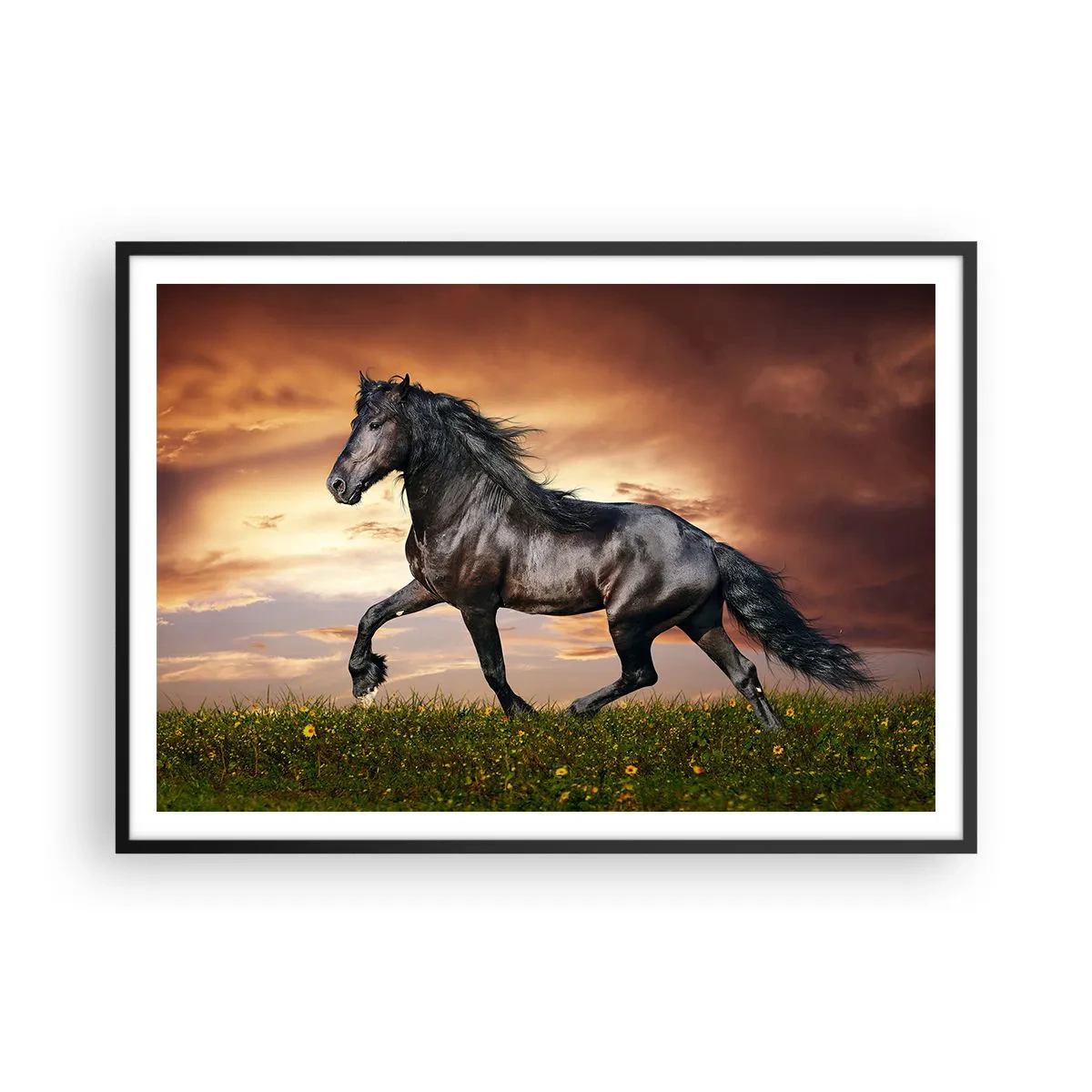 Affiche dans un cadre noir - Poster - Un cheval noir galopant contre le soleil couchant - 100x70cm - Livres noirs - Décoration murale moderne pour le salon et la chambre ARTTOR