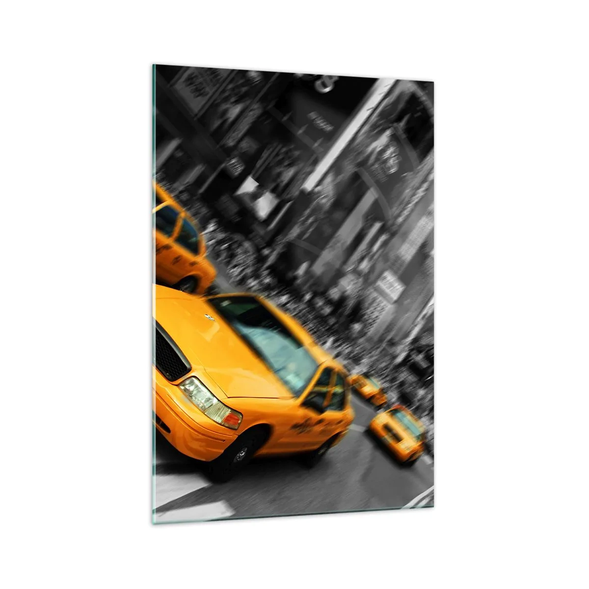 Impression sur verre - Image sur verre - Des taxis jaunes à une intersection très fréquentée de la ville - 70x100cm - Gouttes de soleil New-Yorkaise - Décoration murale moderne pour le salon et la chambre ARTTOR