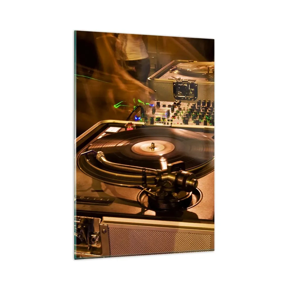 Impression sur verre - Image sur verre - Équipement DJ avec platine et table de mixage lors d'une fête - 80x120cm - Sentez-vous cette force? - Décoration murale moderne pour le salon et la chambre ARTTOR