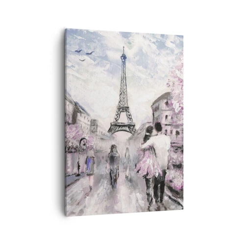 Impression sur toile - Image sur toile - Une promenade romantique à Paris près de la Tour Eiffel - 50x70cm - Comment tomber amoureu, il faut juste... - Décoration murale moderne pour le salon et la chambre ARTTOR