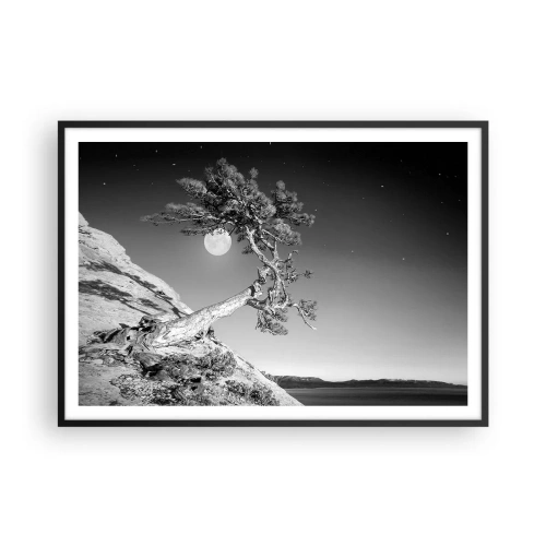 Affiche dans un cadre noir - Poster - Arbre noir et blanc sur une falaise avec la lune en arrière-plan - 100x70cm - Un combattant vainqueur - Décoration murale moderne pour le salon et la chambre ARTTOR