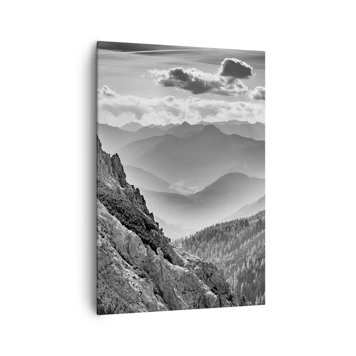 Impression sur toile - Image sur toile - Paysage de montagne en noir et blanc avec des nuages au-dessus des sommets - 70x100cm - Jusqu'à l'horizon - Décoration murale moderne pour le salon et la chambre ARTTOR