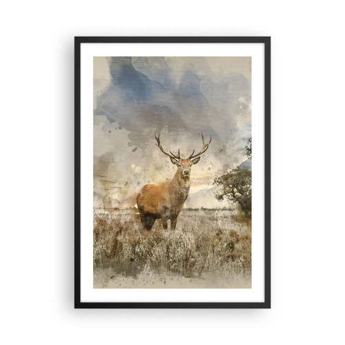 Affiche dans un cadre noir - Poster - Cerf sur fond naturel dans un style pictural - 50x70cm - Dignité - force - majesté - Décoration murale moderne pour le salon et la chambre ARTTOR