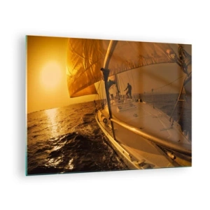 Impression sur verre - Image sur verre - Un voilier sur fond de soleil couchant - 70x50cm - Une soirée en por après une journée haute en couleurs - Décoration murale moderne pour le salon et la chambre ARTTOR