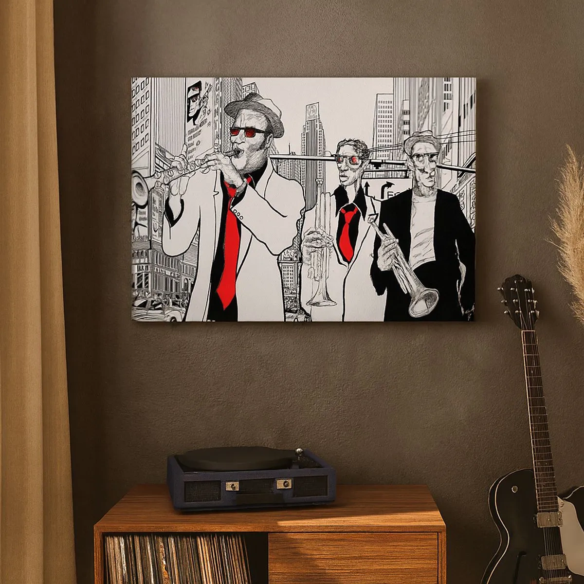 Impression sur toile - Image sur toile - Illustration de musiciens de jazz sur fond urbain - 70x50cm - Rhapsodie urbaine en noir et rouge - Décoration murale moderne pour le salon et la chambre ARTTOR