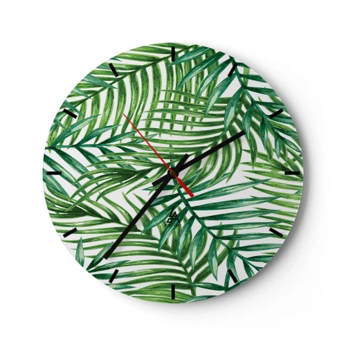 Horloge murale - Pendule murale - Feuilles de palmier vertes disposées dans une composition dense - 30x30cm - Sous la canopée verte - Décoration murale moderne pour le salon, la cuisine et la chambre ARTTOR