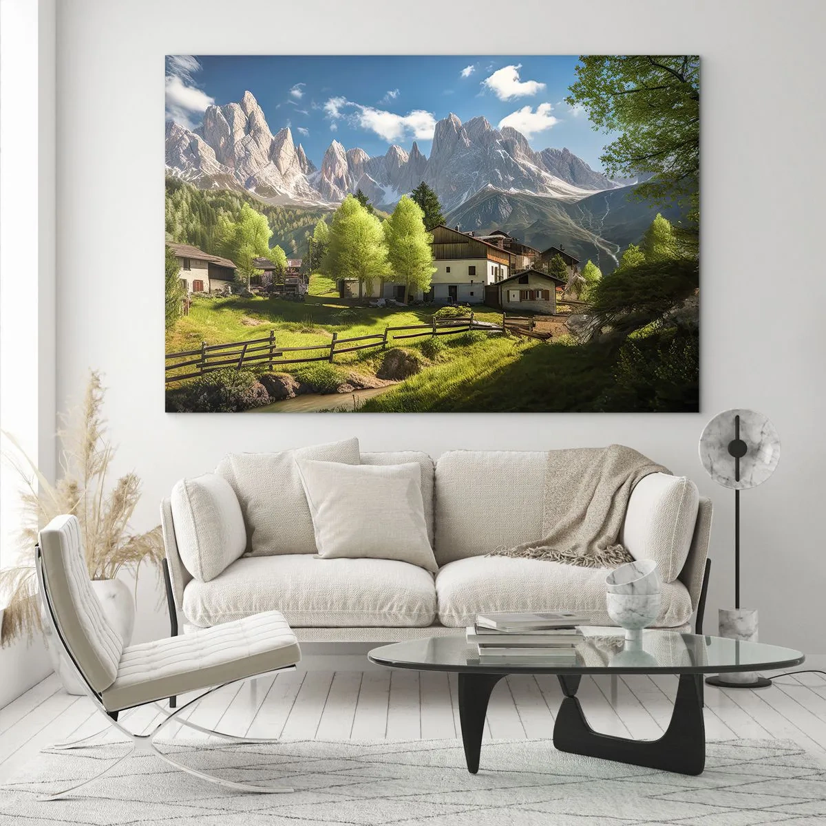 Impression sur verre - Image sur verre - Développement rural dans la verdure au pied des sommets alpins - 100x70cm - Idylle alpine - Décoration murale moderne pour le salon et la chambre ARTTOR