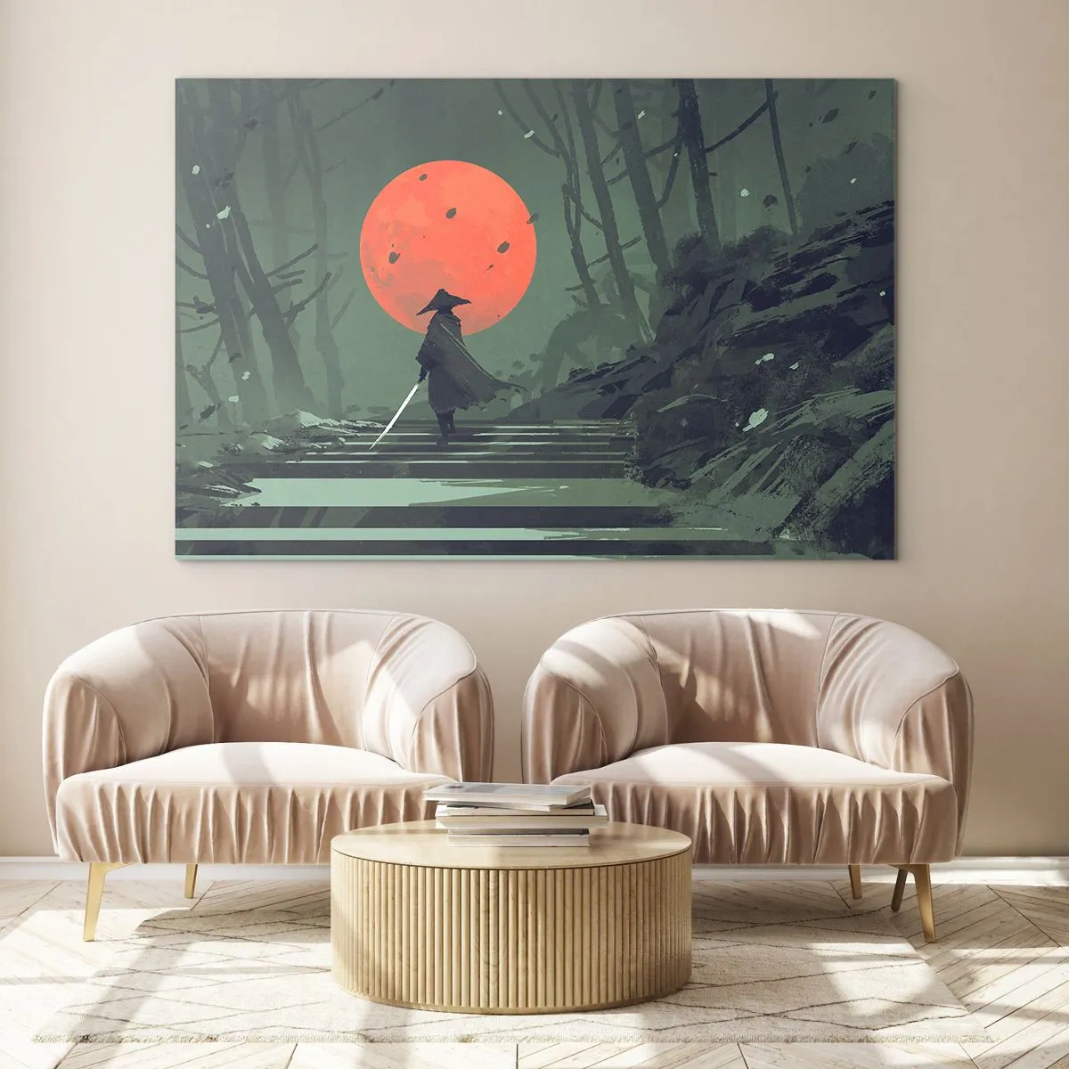 Impression sur verre - Image sur verre - Un guerrier solitaire avec une épée dans la forêt sur fond de lune rouge. - 100x70cm - Guerrier de la lune rouge - Décoration murale moderne pour le salon et la chambre ARTTOR