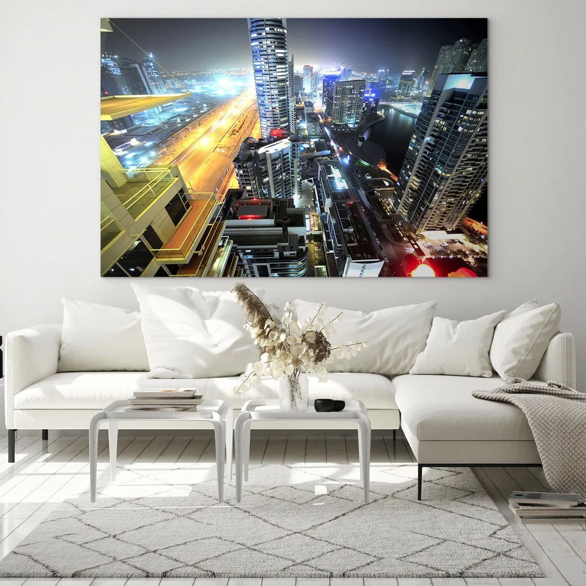 Impression sur verre - Image sur verre - Panorama de la ville nocturne avec des gratte-ciel illuminés - 120x80cm - Un miracle dans le désert - Décoration murale moderne pour le salon et la chambre ARTTOR