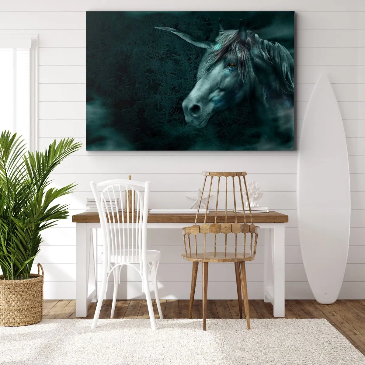 Impression sur toile - Image sur toile - Une licorne magique dans une forêt mystérieuse et sombre aux couleurs fantastiques. - 100x70cm - Dans une forêt de conte de fées - Décoration murale moderne pour le salon et la chambre ARTTOR