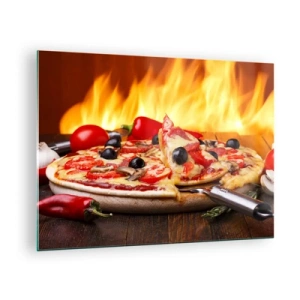 Impression sur verre - Image sur verre - Pizza aux olives sur fond de flammes - 70x50cm - From Italy with love - Décoration murale moderne pour le salon et la chambre ARTTOR